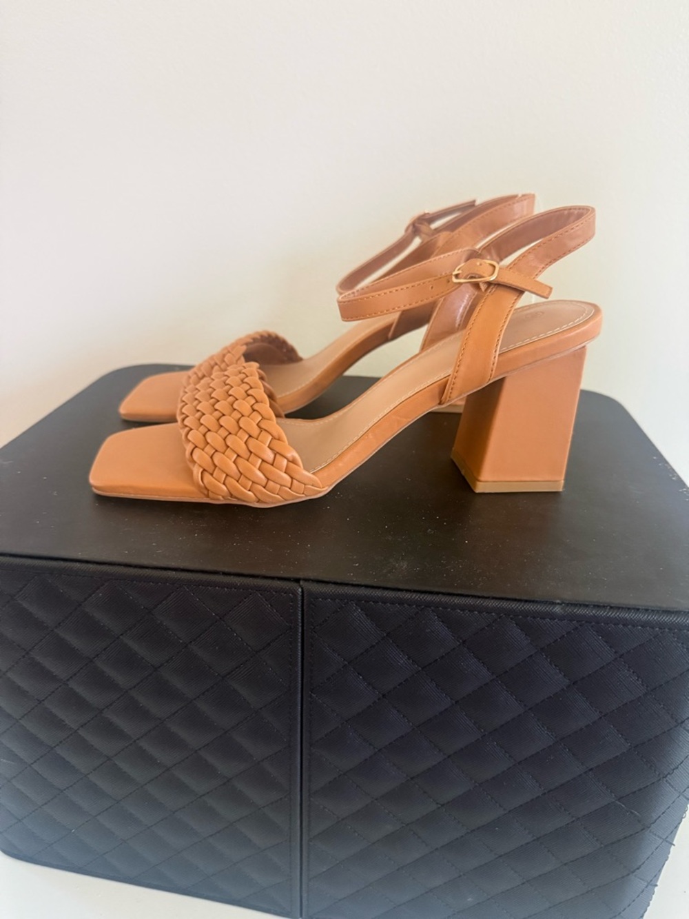 Woven Strap Block Heel Sandals - Tan